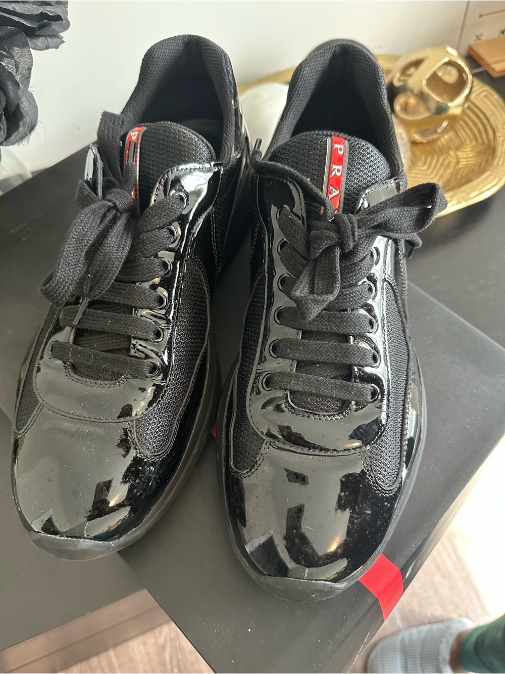 Men’s Prada Calzature Uomo Black Patent Leather Sneakers